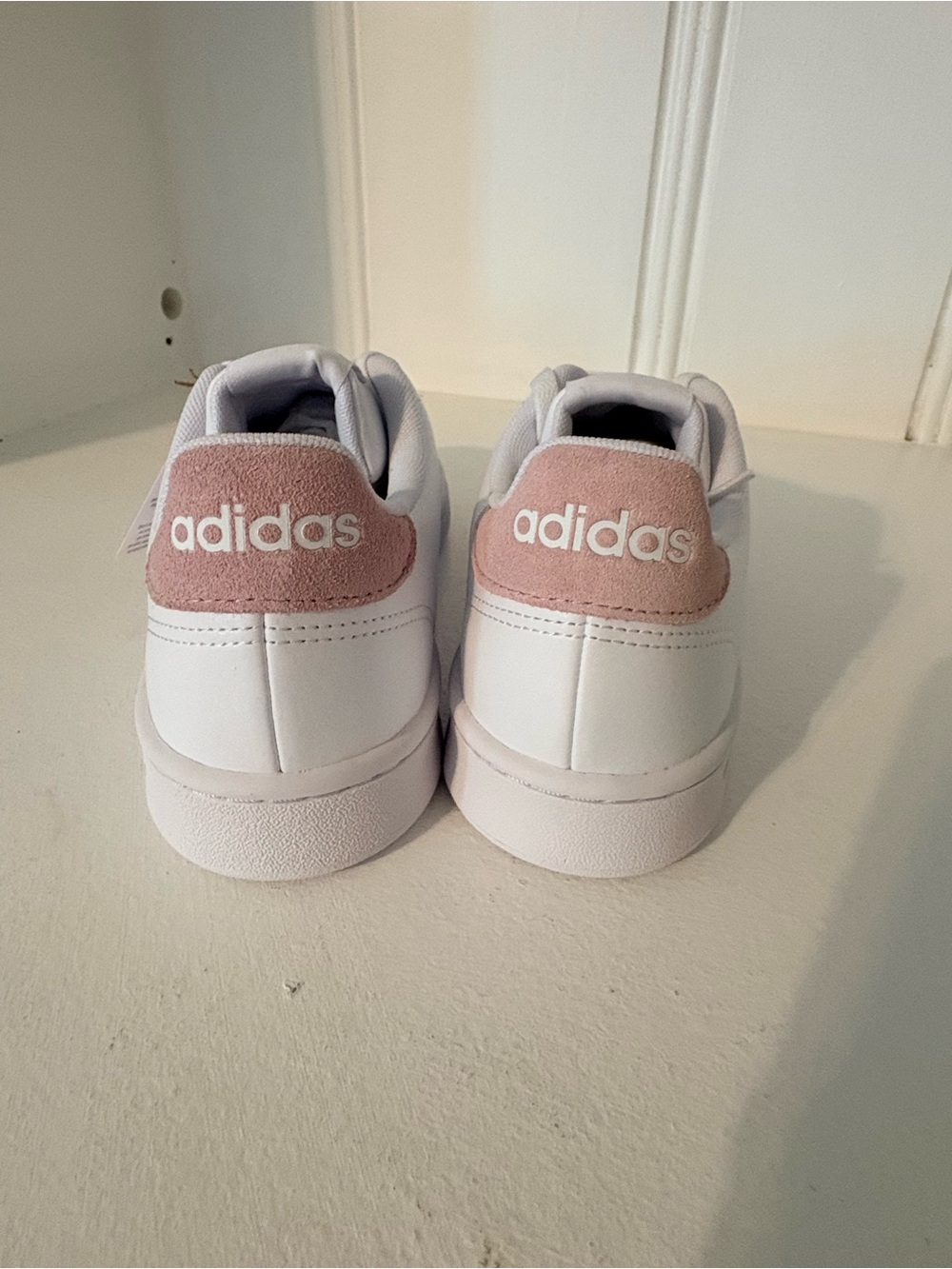 adidas Women's White Leather Sneakers with Pink Logo Accent - Picture 4 of 5